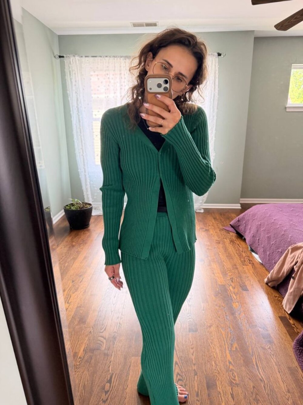 CALLAHAN KNITWEAR Green Ribbed Cardigan & Pants Set